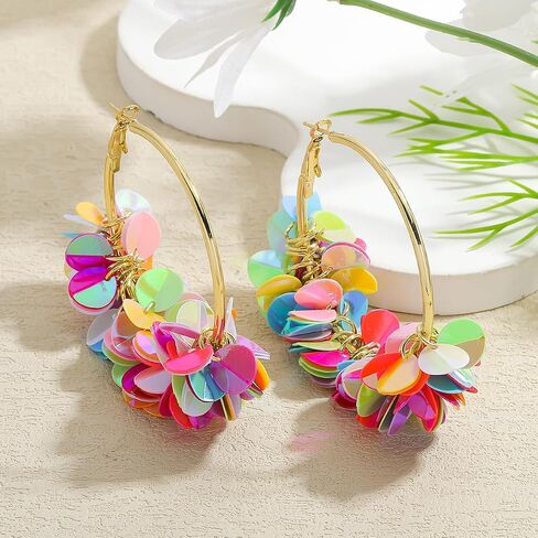Colorful Fun Sequin Hoop Earrings for Women, Boho Sparkly Dangle Earring, Lightweight Statement Earrings for Summer Beach Party in Saudi Arabia