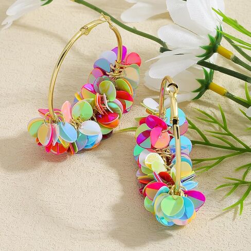 Colorful Fun Sequin Hoop Earrings for Women, Boho Sparkly Dangle Earring, Lightweight Statement Earrings for Summer Beach Party in Saudi Arabia