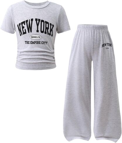 Axumity Teen Girls 2 Piece Clothes Short Sleeve Letter Print T-Shirt Top + Wide Pants 2pcs Outfit Set, Size 7-16 Years in Saudi Arabia