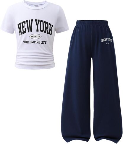 Axumity Teen Girls 2 Piece Clothes Short Sleeve Letter Print T-Shirt Top + Wide Pants 2pcs Outfit Set, Size 7-16 Years in Saudi Arabia