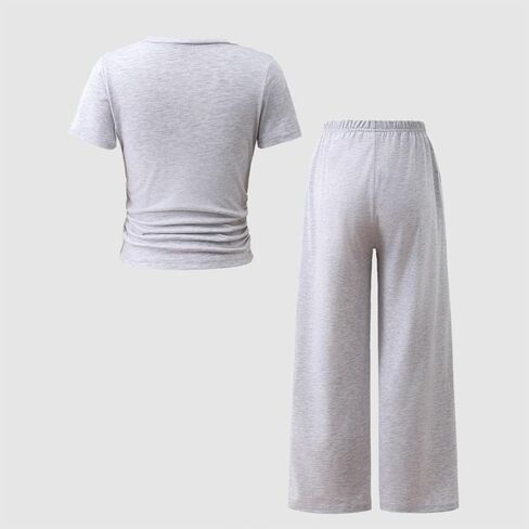 Axumity Teen Girls 2 Piece Clothes Short Sleeve Letter Print T-Shirt Top + Wide Pants 2pcs Outfit Set, Size 7-16 Years in Saudi Arabia