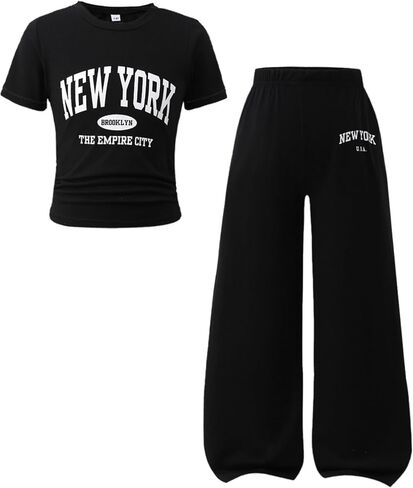 Axumity Teen Girls 2 Piece Clothes Short Sleeve Letter Print T-Shirt Top + Wide Pants 2pcs Outfit Set, Size 7-16 Years in Saudi Arabia
