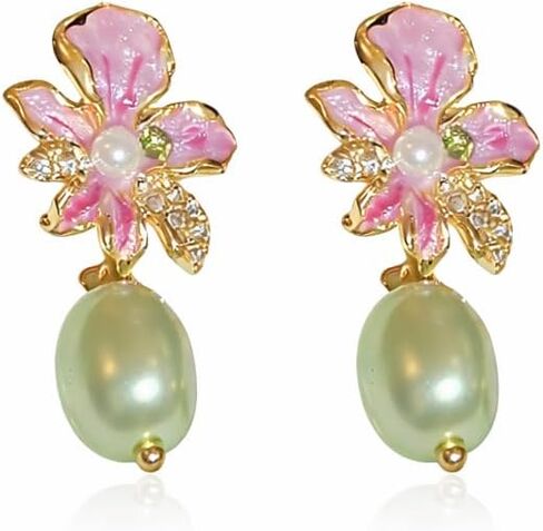 Pink Enamel Floral Drop Earrings for Women, Vintage Gold Flower Dangle with Soft Green Pearl Pendant, Romantic Rhinestone Botanical Fashion Jewelry Gift in Saudi Arabia