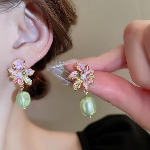 Pink Enamel Floral Drop Earrings for Women, Vintage Gold Flower Dangle with Soft Green Pearl Pendant, Romantic Rhinestone Botanical Fashion Jewelry Gift in Saudi Arabia