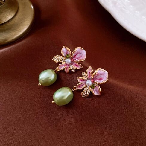 Pink Enamel Floral Drop Earrings for Women, Vintage Gold Flower Dangle with Soft Green Pearl Pendant, Romantic Rhinestone Botanical Fashion Jewelry Gift in Saudi Arabia