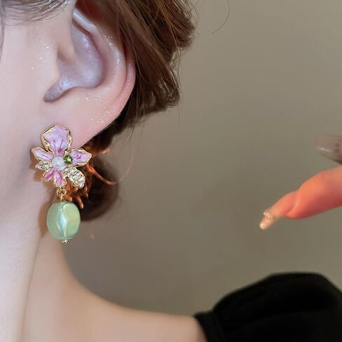 Pink Enamel Floral Drop Earrings for Women, Vintage Gold Flower Dangle with Soft Green Pearl Pendant, Romantic Rhinestone Botanical Fashion Jewelry Gift in Saudi Arabia