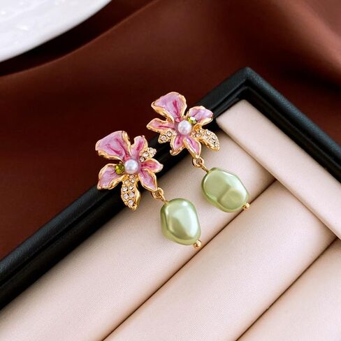 Pink Enamel Floral Drop Earrings for Women, Vintage Gold Flower Dangle with Soft Green Pearl Pendant, Romantic Rhinestone Botanical Fashion Jewelry Gift in Saudi Arabia