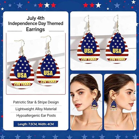 Patriotic 250th Anniversary Earrings for Women, 4th of july accessories Lightweight Red White Blue Earrings, 4th of July Independence Day Party Outfit American Flag Earrings Jewelry Celebration Gift in Saudi Arabia
