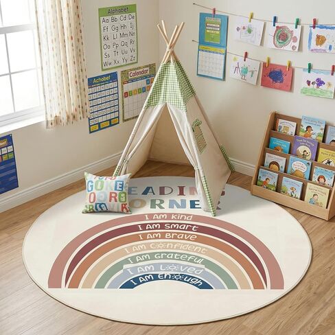Round Classroom Rug 40 Inch Rainbow Classroom Reading Corner Rug, Washable Non Slip Playroom Nursery Carpet, Boho Colorful Polka Dots Learning Rugs for Reading Corner Preschool in Saudi Arabia