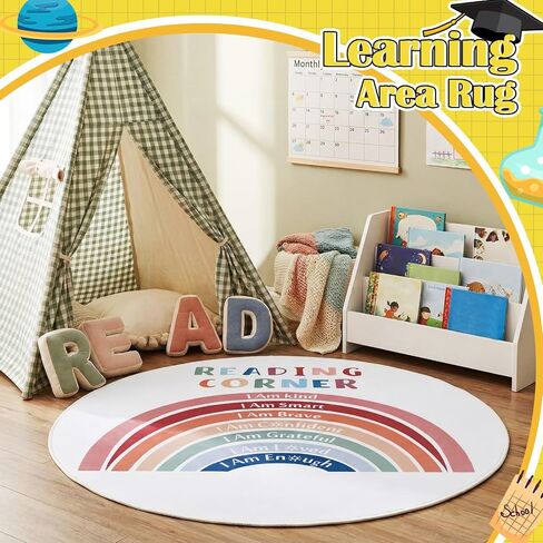 Round Classroom Rug 40 Inch Rainbow Classroom Reading Corner Rug, Washable Non Slip Playroom Nursery Carpet, Boho Colorful Polka Dots Learning Rugs for Reading Corner Preschool in Saudi Arabia