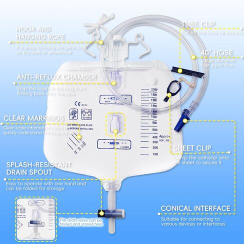 Catheter Bags, Urinary Drainage Bag with Anti-Reflux Chamber Multifunctional Urine Bag, with Clips and Hanging Hookactive air Exhaust, 0.4" Diameter Catheter, 2000ml Urine Collector(5 PCS) in Saudi Arabia