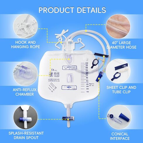 Catheter Bags, Urinary Drainage Bag with Anti-Reflux Chamber Multifunctional Urine Bag, with Clips and Hanging Hookactive air Exhaust, 0.4" Diameter Catheter, 2000ml Urine Collector(5 PCS) in Saudi Arabia