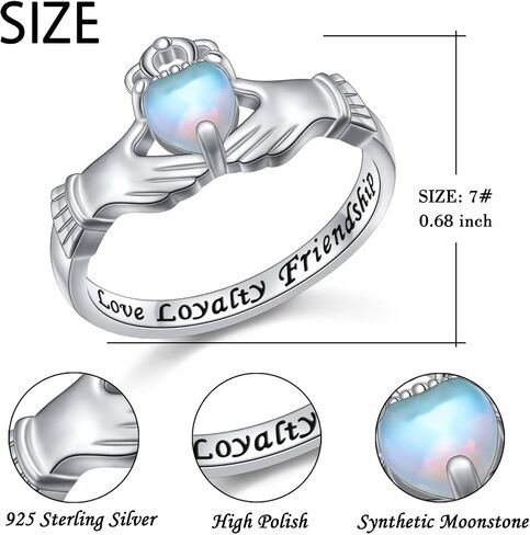 925 Sterling Silver Moonstone Claddagh Ring Engraved Love Loyalty Friendship Jewelry Gift for Women Size 7 in Saudi Arabia
