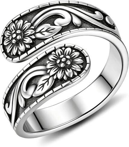 Sterling Silver Vintage Sunflower Spoon Ring for Women Men, Adjustable Open Ring, Retro Boho Western Statement Thumb Ring Jewelry Gift in Saudi Arabia
