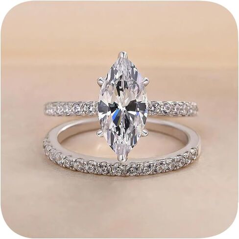 Solitaire Elongated Marquise Cut Engagement Ring for Women, Simulated Diamond Promise Ring 925 Plated Silver CZ Pointed Thumb Ring Statement Wedding Eternity Ring Stackbale Set 6# in Saudi Arabia