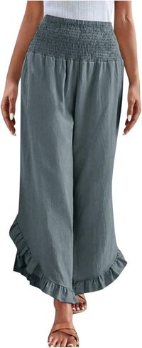 Womens Linen Pants Summer Smocked High Waisted Wide Leg Pants Ruffle Hem Palazzo Pant Boho Flowy Beach Trousers in Saudi Arabia