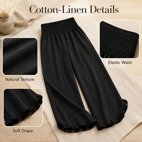 Womens Linen Pants Summer Smocked High Waisted Wide Leg Pants Ruffle Hem Palazzo Pant Boho Flowy Beach Trousers in Saudi Arabia