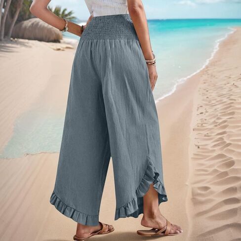 Womens Linen Pants Summer Smocked High Waisted Wide Leg Pants Ruffle Hem Palazzo Pant Boho Flowy Beach Trousers in Saudi Arabia