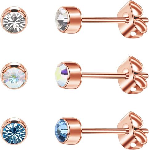 3 Pairs Crystal Titanium Earrings for Women Men Hypoallergenic Stud Earrings with Butterfly Back Classic Cubic Zirconia Earrings Set for Everyday Wear 4mm/5mm in Saudi Arabia