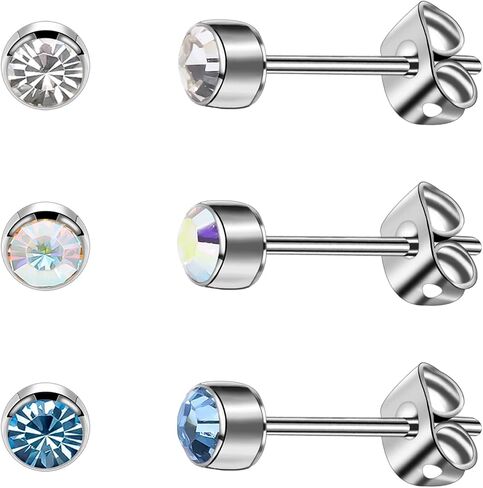 3 Pairs Crystal Titanium Earrings for Women Men Hypoallergenic Stud Earrings with Butterfly Back Classic Cubic Zirconia Earrings Set for Everyday Wear 4mm/5mm in Saudi Arabia