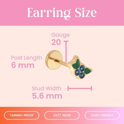 Cords Club Blueberry Bunch Enamel Flat Back Stud – ASTM-F136 Implant Grade Titanium - Push Pin Design for Sensitive Ears – Available in 18K Gold PVD Plated & Titanium Silver (Single Earring) in Saudi Arabia