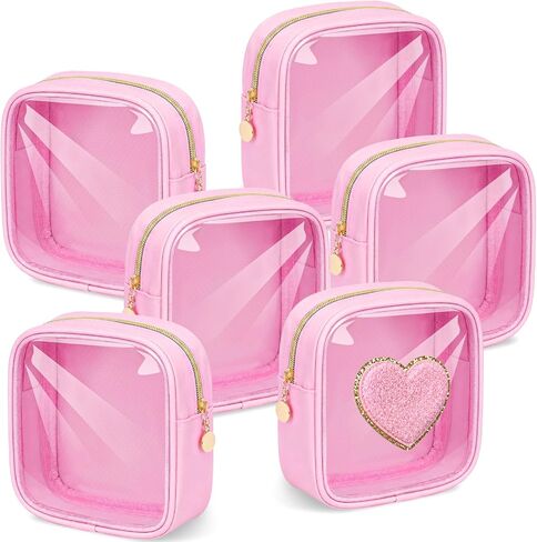Kacctyen 6 Pcs Clear Mini Makeup Bags Nylon Square Pouch with Zipper Pink Small Cosmetic Bag for Purse Transparent Preppy Bags Travel Toiletry Essentials for Women Girls DIY Daily Use in Saudi Arabia