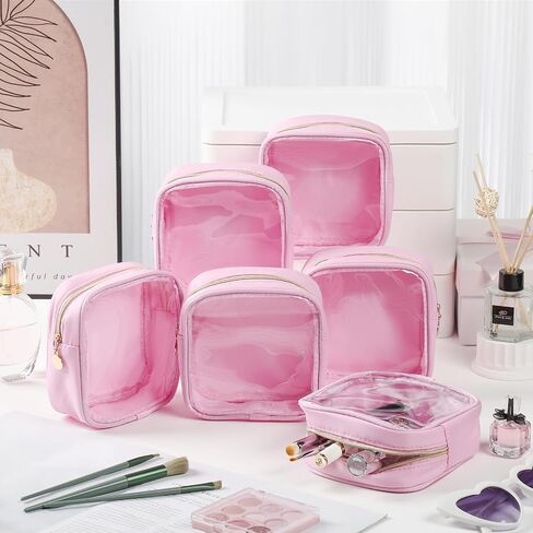 Kacctyen 6 Pcs Clear Mini Makeup Bags Nylon Square Pouch with Zipper Pink Small Cosmetic Bag for Purse Transparent Preppy Bags Travel Toiletry Essentials for Women Girls DIY Daily Use in Saudi Arabia