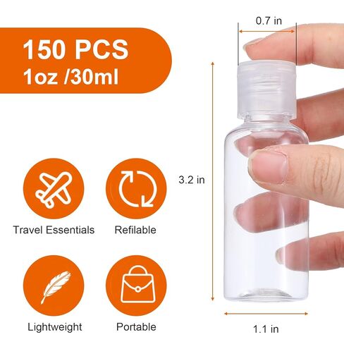 150 Pcs 1 oz Travel Bottles - Small Lotion Containers with Lids, 30ml Clear Plastic Refillable Empty Containers for Toiletries, Shampoo, Lotion, Cream & Liquid Soap (White Cap) in Kuwait