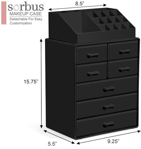 Sorbus Makeup Organizer, Brush Holder and Make Up Storage Drawers - Acrylic Makeup organizer for vanity, Bathroom - Cosmetic Display Cases with 3 large, 4 Small Drawers & 1 Tray for Makeup Brush in Saudi Arabia