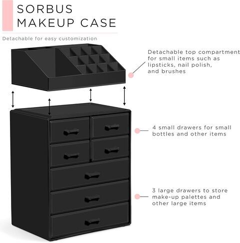 Sorbus Makeup Organizer, Brush Holder and Make Up Storage Drawers - Acrylic Makeup organizer for vanity, Bathroom - Cosmetic Display Cases with 3 large, 4 Small Drawers & 1 Tray for Makeup Brush in Saudi Arabia