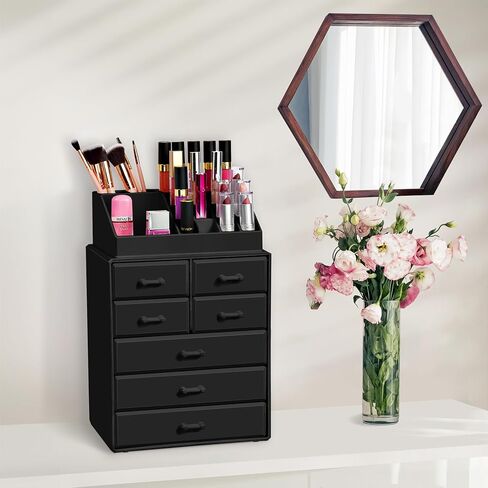 Sorbus Makeup Organizer, Brush Holder and Make Up Storage Drawers - Acrylic Makeup organizer for vanity, Bathroom - Cosmetic Display Cases with 3 large, 4 Small Drawers & 1 Tray for Makeup Brush in Saudi Arabia