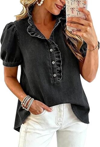 Denim Shirt Women Ruffle Jean Shirts Denim Button Down Shirt Summer Puff Sleeve Top Business Work Blouses Tunic Tops in Saudi Arabia