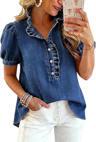 Denim Shirt Women Ruffle Jean Shirts Denim Button Down Shirt Summer Puff Sleeve Top Business Work Blouses Tunic Tops in Saudi Arabia