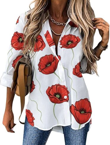 Poppy Flower Retro Button Down Shirts for Women Womens Shirt Long Sleeve Collared Work Blouses in Saudi Arabia