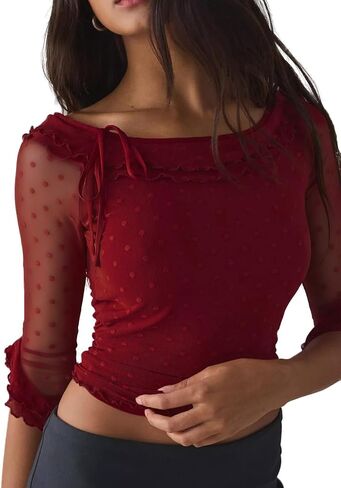 Women's Polka Dot Mesh Top 3/4 Sleeve Ruffle Boat Neck Slim Fit Sheer Y2K Tops in Kuwait
