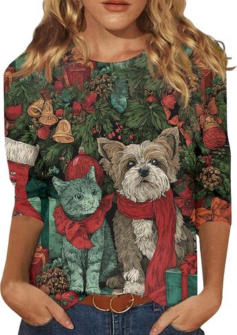 Christmas Shirts for Women 3/4 Length Sleeve Crewneck Tops Christmas Graphic Printed Tshirts Casual Holiday Blouses in Kuwait