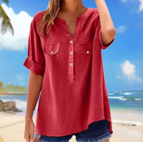 Women Button Down Shirts Roll Up Sleeve Dressy Casual Blouses V Neck Summer Work Shirts Tops Loose Clothes with Pockets in Kuwait