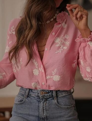Fall Women's Floral Embroidery Band Collared Long Puff Sleeve Blouses Button Down Casual Shirts in Kuwait