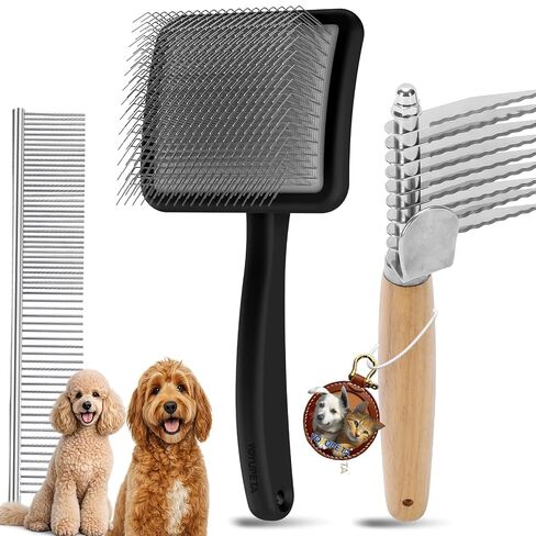 Long Pin Dog Slicker Brush for Poodles, Golden Doodles & Cats - 3-Piece Grooming Kit with Dematting Comb and Pet Comb, Large Wooden Handle Deshedding Tools for Thick Hair Mats Removal in Kuwait