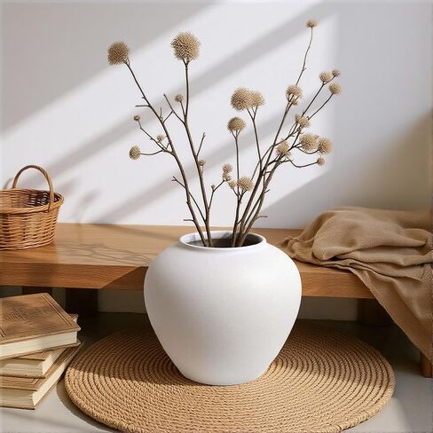 Rustic Matte Ceramic Vase for Home Decor, 7.48 Inch Farmhouse Minimalist White Round Vase for Flowers, Living Room, Kitchen, Table, Entryway, Decorative Pottery Vases for Centerpiece, Bedroom in Saudi Arabia