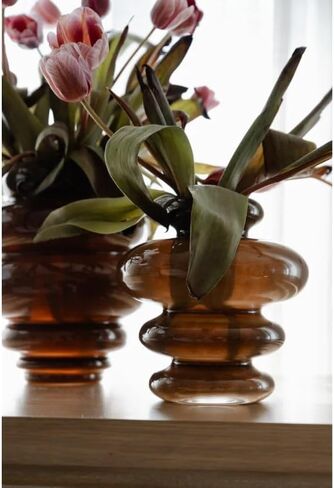 Alice Lane Ribbed Glass Vase – Modern Sculptural Decorative Vase for Flowers, Textured Curved Accent for Shelf, Table & Home Decor – Small, Cocoa in Saudi Arabia