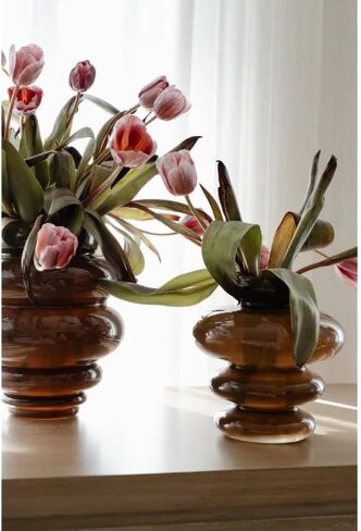 Alice Lane Ribbed Glass Vase – Modern Sculptural Decorative Vase for Flowers, Textured Curved Accent for Shelf, Table & Home Decor – Small, Cocoa in Saudi Arabia