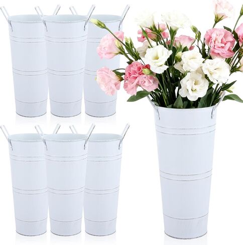 6 Pack 9 Inch Galvanized Flower Bar Buckets, Flower Buckets for Flower Bar, Metal Flower Bucket Decoration and Metal Vase with Handles for Wedding, Balcony Garden, Home Decor(White) in Saudi Arabia