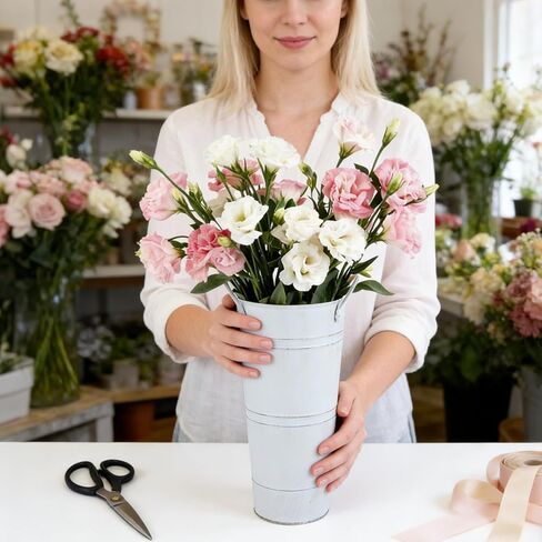 6 Pack 9 Inch Galvanized Flower Bar Buckets, Flower Buckets for Flower Bar, Metal Flower Bucket Decoration and Metal Vase with Handles for Wedding, Balcony Garden, Home Decor(White) in Saudi Arabia
