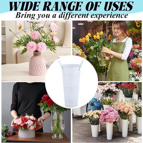 6 Pack 9 Inch Galvanized Flower Bar Buckets, Flower Buckets for Flower Bar, Metal Flower Bucket Decoration and Metal Vase with Handles for Wedding, Balcony Garden, Home Decor(White) in Saudi Arabia