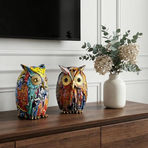 Owl Decor Colorful Graffiti Owl Figurine Resin Modern Art Sculpture, Collectible Owl Statue Home Decor for Living Room Bookshelf Office Desktop, Unique Gift for Owl Lovers in Kuwait