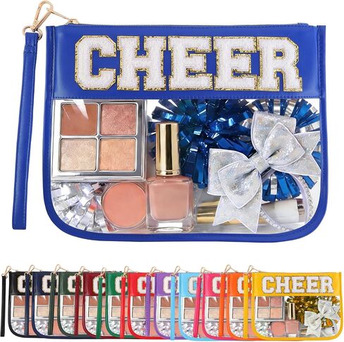 Cheer Clear Makeup Bag Cheerleader Gifts Cheerleading Accessories Cheer Competition Gifts Chenille Letter Cosmetic Bag Travel Toiletry Organizer Pouch for Women Girls in Kuwait