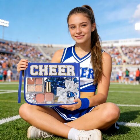 Cheer Clear Makeup Bag Cheerleader Gifts Cheerleading Accessories Cheer Competition Gifts Chenille Letter Cosmetic Bag Travel Toiletry Organizer Pouch for Women Girls in Kuwait