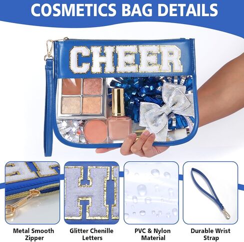 Cheer Clear Makeup Bag Cheerleader Gifts Cheerleading Accessories Cheer Competition Gifts Chenille Letter Cosmetic Bag Travel Toiletry Organizer Pouch for Women Girls in Kuwait