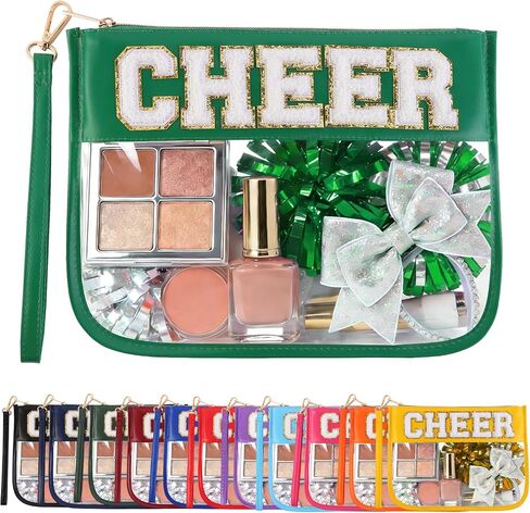 Cheer Clear Makeup Bag Cheerleader Gifts Cheerleading Accessories Cheer Competition Gifts Chenille Letter Cosmetic Bag Travel Toiletry Organizer Pouch for Women Girls in Kuwait